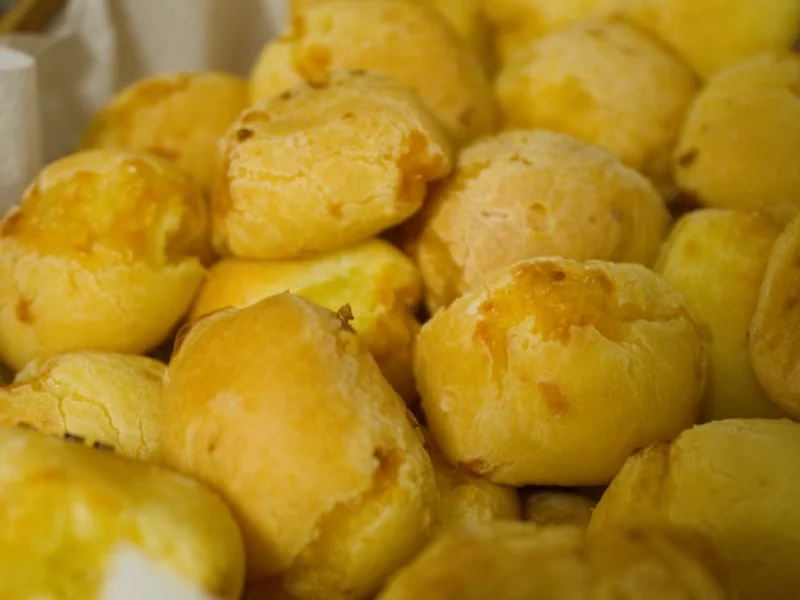 Pães de queijo dourados em uma cesta, preparados para servir ou vender